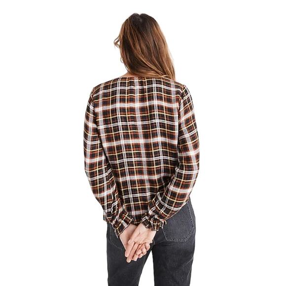 Madewell Plaid Flannel Ruffle Cuff Top Womens M Rust V-Neck Cozy Fall Feminine - Picture 5 of 12
